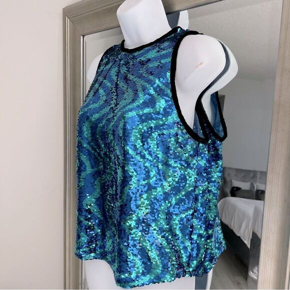 ZARA WOMAN SEQUINNED TOP WITH TRIMS BLUE / GREEN SIZE M. - Picture 2 of 9
